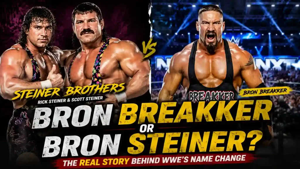 Bron Breakker vs Steiner Brothers comparison showing WWE name change from Bron Steiner