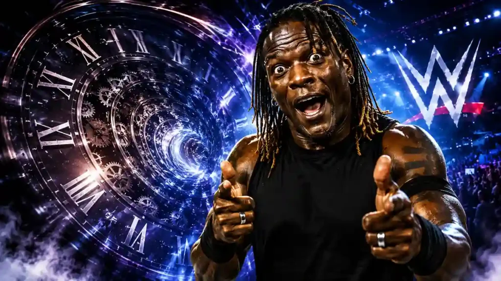 R-Truth posing in a WWE arena with a dramatic time vortex and giant clock in the background