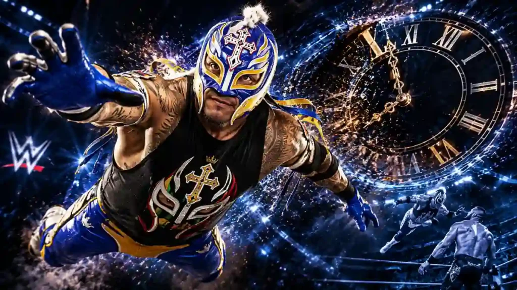 Rey Mysterio soaring through the air with a dramatic time-themed background in a WWE-style arena