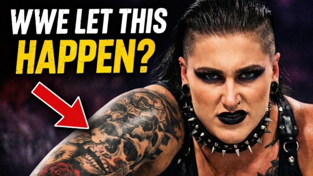 Rhea Ripley showing tattoos during WWE match as WWE allows her unique look