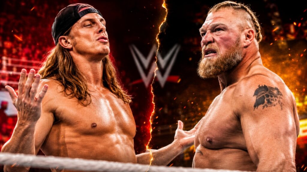 Brock Lesnar and Matt Riddle face off in a dramatic WWE-style confrontation with fiery background and lightning effect.