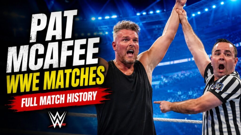 Pat McAfee celebrating a WWE victory with the referee raising his hand, featured in a thumbnail for his complete WWE match history.