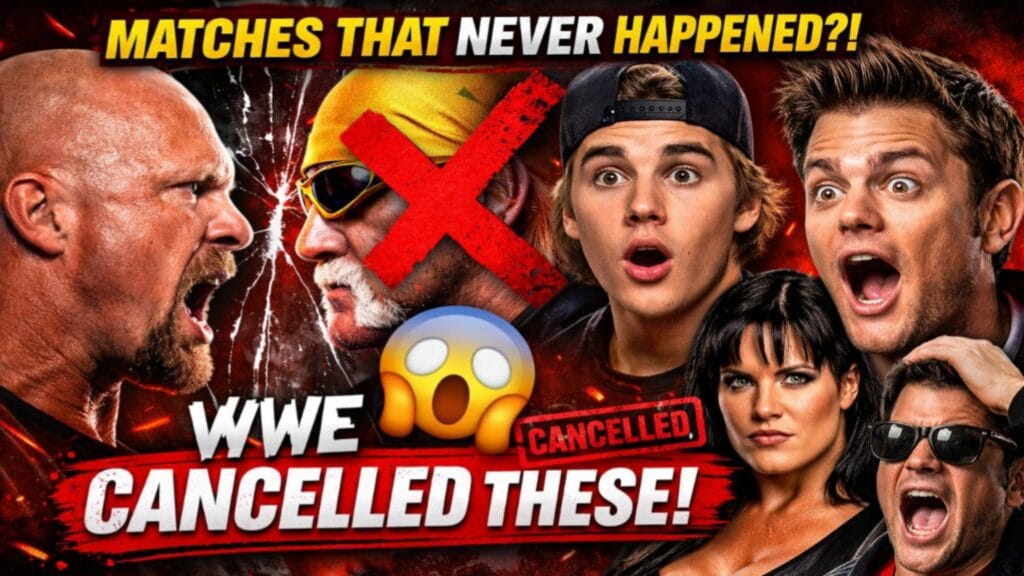 Thumbnail showing Stone Cold Steve Austin facing Hulk Hogan with red X mark, Justin Bieber shocked reaction, Chyna and Johnny Knoxville with text WWE Cancelled These