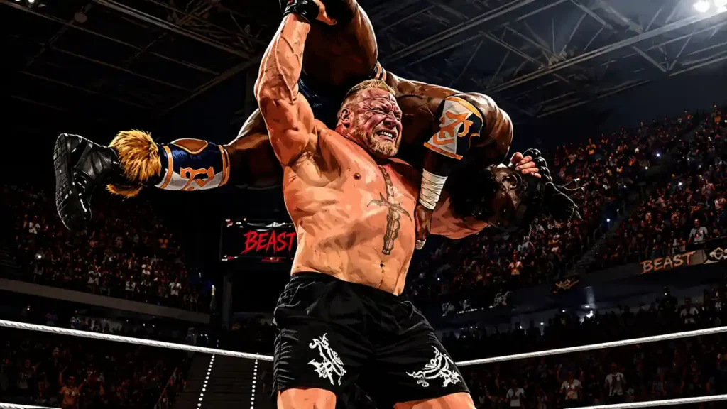 Brock lesnar f5 oba femi and defeats him.