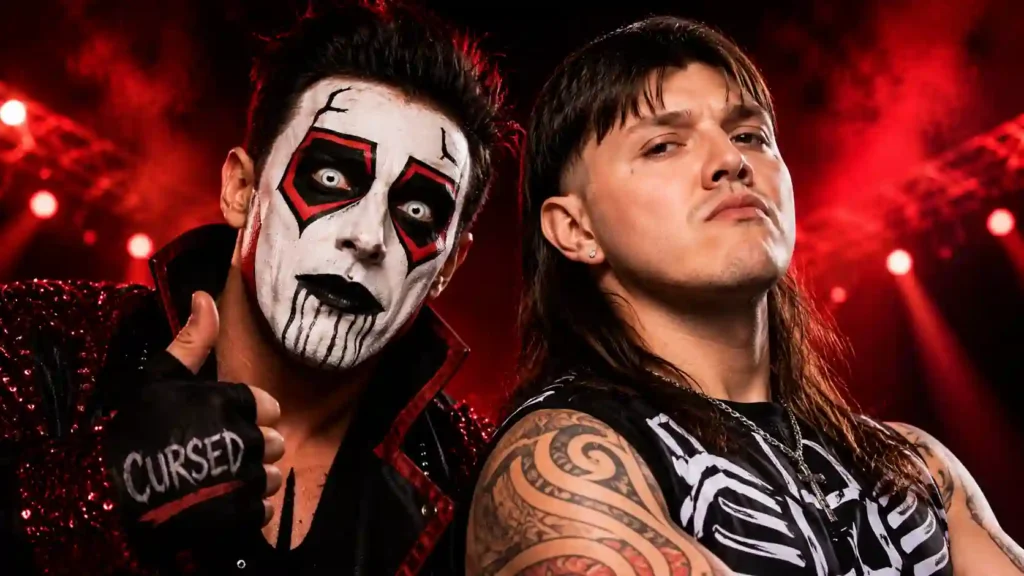 Danhausen and Dominik Mysterio standing side by side in a dramatic wrestling arena with cinematic red lighting.