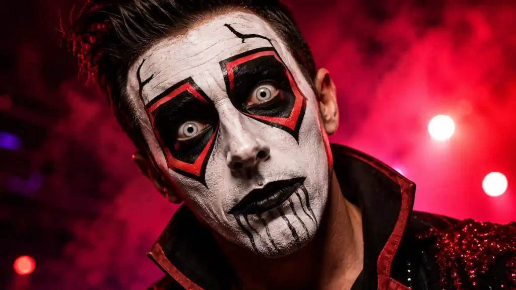AI illustration of Danhausen's signature face paint in a dramatic close-up with a dark red wrestling arena background.