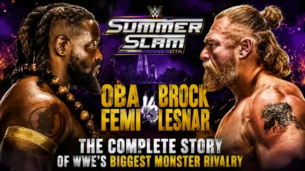 Oba Femi and Brock Lesnar face off in a WWE SummerSlam thumbnail highlighting the complete story of their biggest monster rivalry.