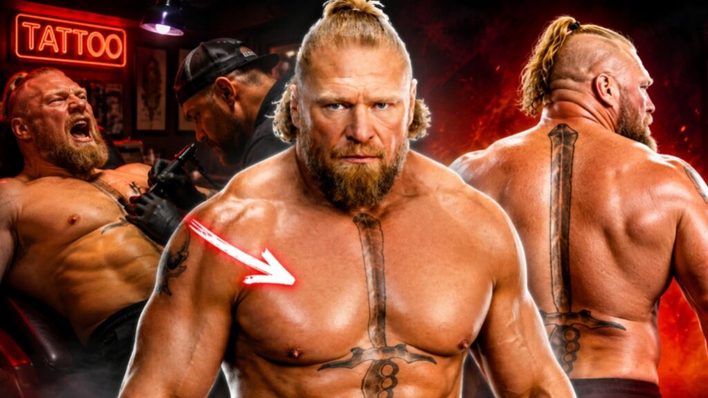 Brock Lesnar showing his iconic sword chest tattoo with scenes representing the story behind how he got the tattoo.