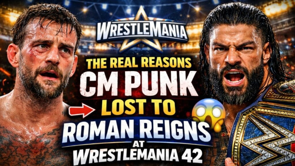 CM Punk defeated by Roman Reigns at WrestleMania 42 showing intense match aftermath and championship dominance