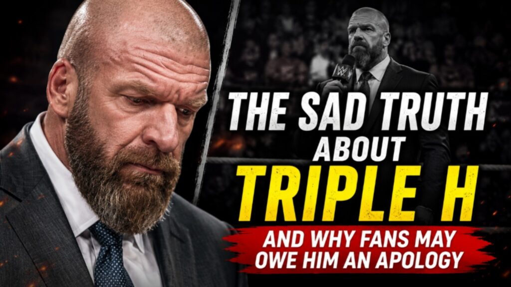 Triple H looking serious in a WWE-thumbnail about the sad truth behind his leadership and why fans may owe him an apology.