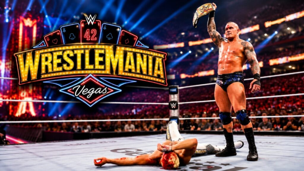 Randy Orton celebrates with the WWE Championship after Attacking Cody Rhodes at WrestleMania 42 in Las Vegas while Cody Rhodes lies in the ring.