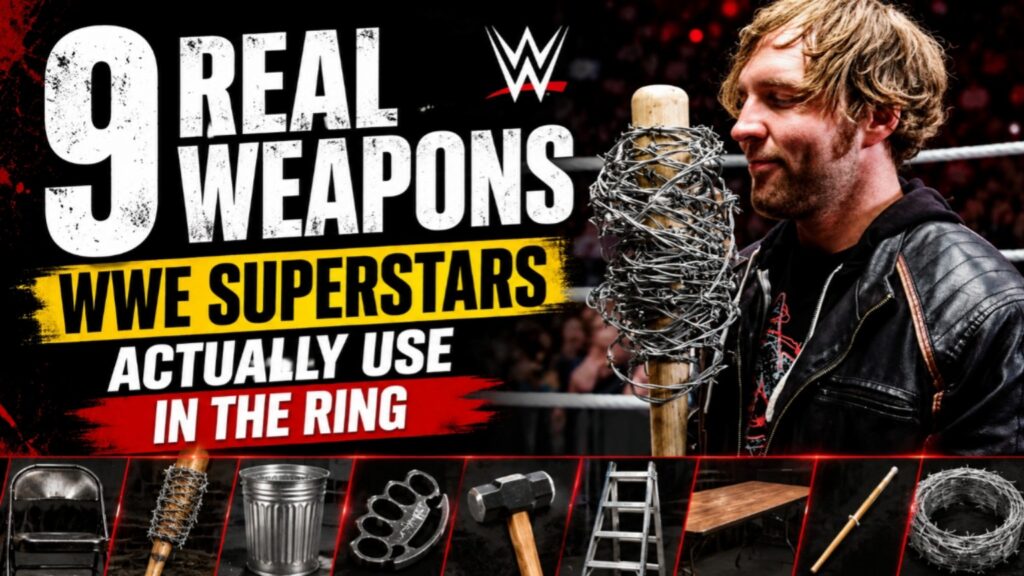 Dean Ambrose holding a barbed wire baseball bat, representing one of the real weapons WWE Superstars have actually used in the ring.