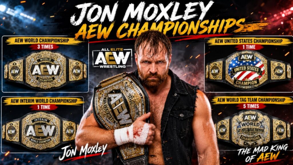 Jon Moxley posing with the AEW World Championship alongside his major AEW championship victories, including AEW World, Interim World, United States, and World Tag Team Championships.