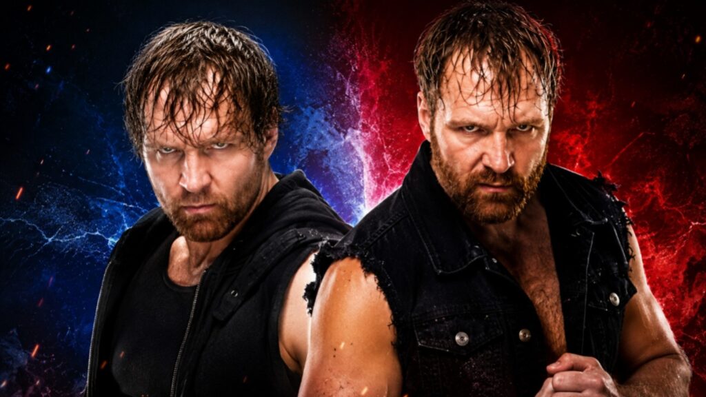 Split-screen thumbnail comparing Jon Moxley and Dean Ambrose with a dramatic blue and red background, highlighting the evolution of the same wrestler from WWE to AEW.