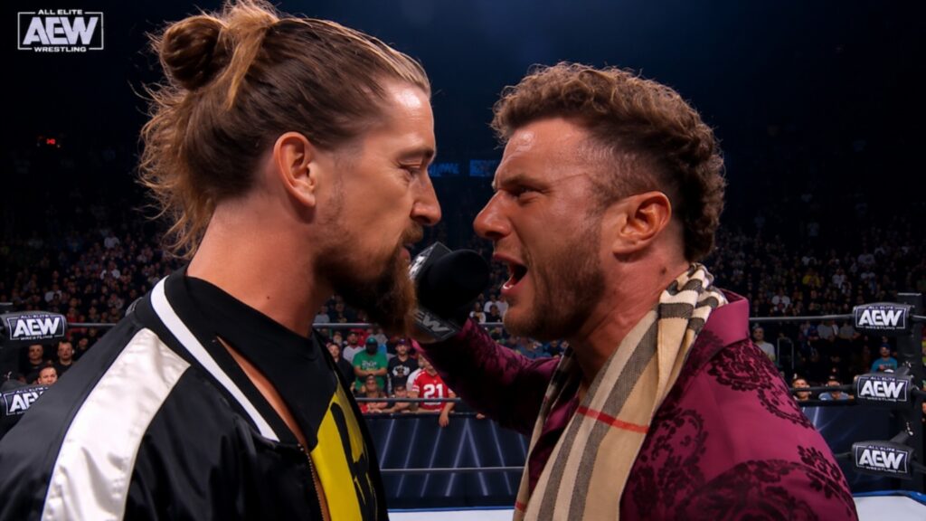 MJF confronts Jay White in an intense face-to-face promo inside an AEW ring during a heated live television segment.