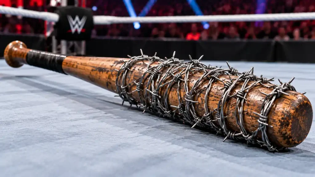 Barbed wire baseball bat lying on the wrestling ring mat