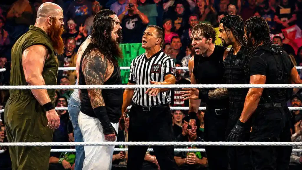 the shield and wyatt family faceoff before starting the match 