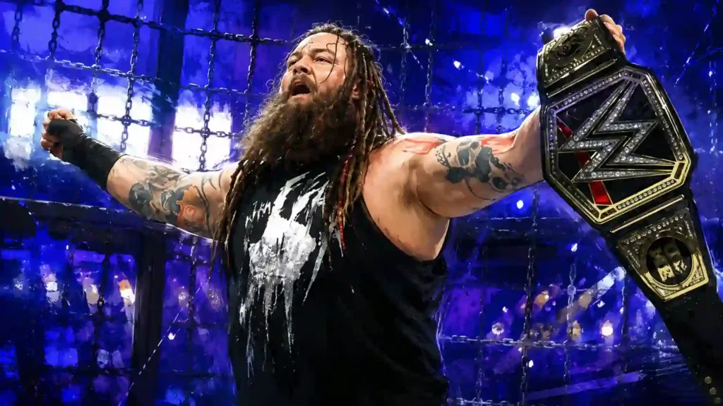 Bray Wyatt celebrating after winning his first WWE Championship at Elimination Chamber 2017