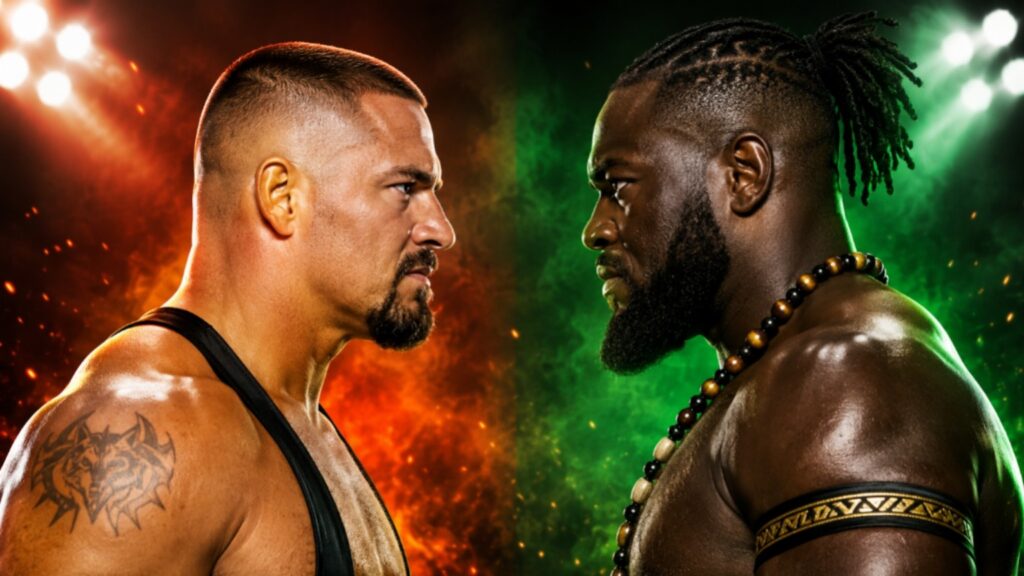 Bron Breakker and Oba Femi in an intense face-off with dramatic red and green lighting before a potential WWE showdown.