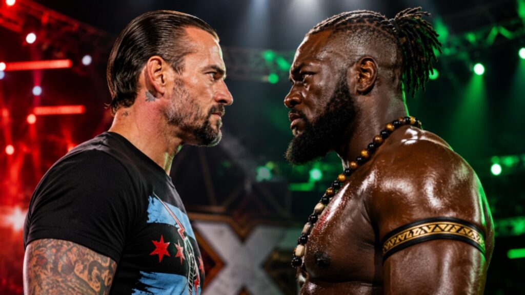 CM Punk and Oba Femi locked in an intense face-off inside a WWE arena with dramatic red and green lighting, teasing a blockbuster dream match.