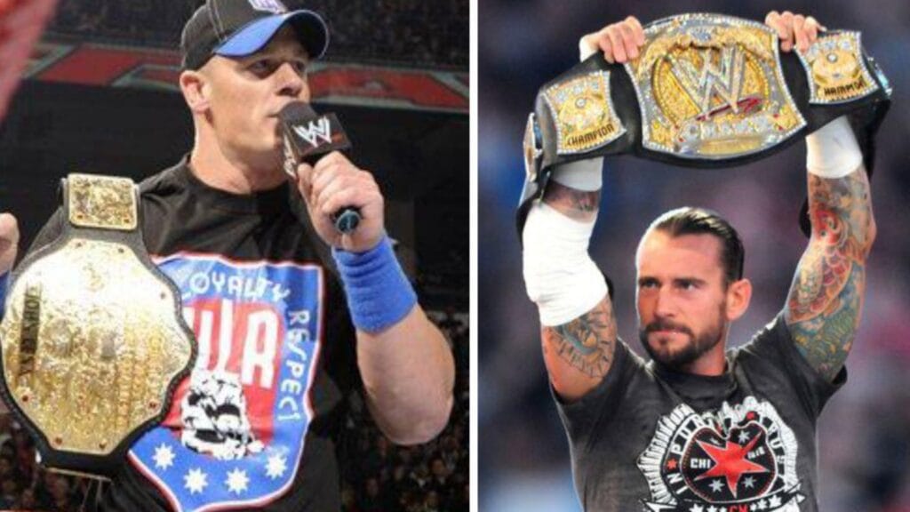 John Cena holding the World Heavyweight Championship alongside CM Punk holding the WWE Spinner Championship belt during the WWE PG Era.