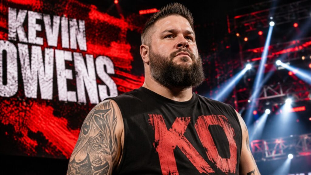 Kevin Owens standing confidently during his WWE entrance with an intense expression, wearing a black KO shirt under dramatic red arena lighting in a cinematic wrestling thumbnail.
