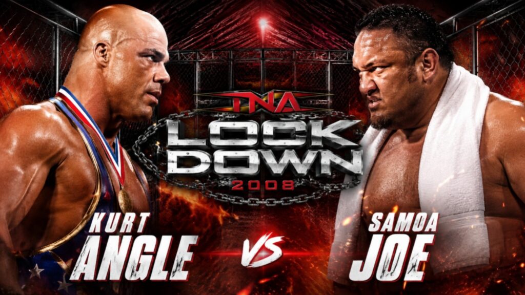 Kurt Angle and Samoa Joe face off in a dramatic promotional thumbnail for their TNA Lockdown 2008 steel cage match.