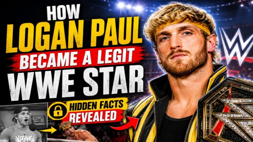 Logan Paul holding WWE championship in a dramatic YouTube thumbnail about how he became a legit WWE star with hidden facts revealed.