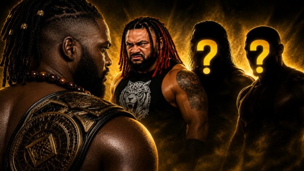 Oba Femi staring at Jacob Fatu with two mystery WWE superstar silhouettes in the background.