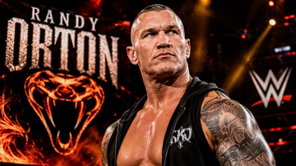 Randy Orton standing with his signature intense stare during a WWE entrance, featuring dramatic orange arena lighting and a viper-themed background in a cinematic wrestling thumbnail.