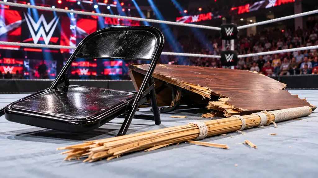 WWE in-ring foreign objects including a steel chair, kendo stick, and broken table weapons that wrestler actually use in the ring