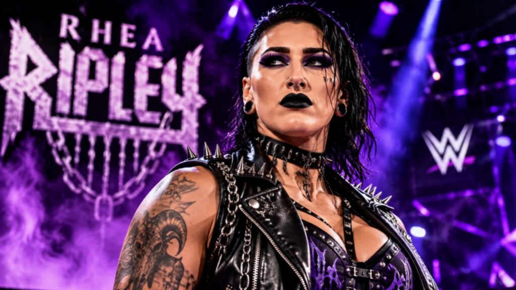 Rhea Ripley posing with her signature gothic look during a WWE entrance, surrounded by dramatic purple lighting and smoke in a cinematic wrestling thumbnail.