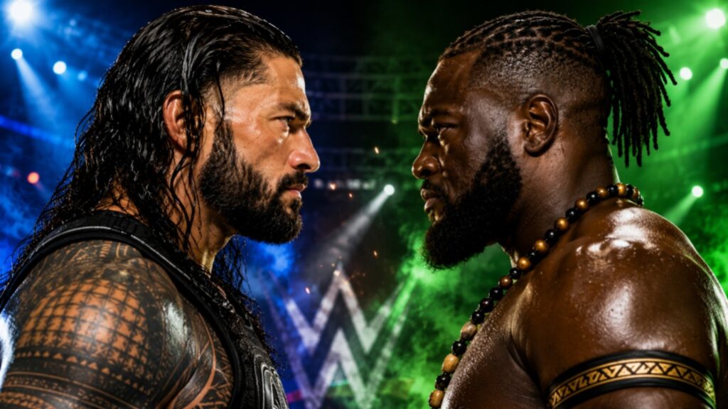 Roman Reigns and Oba Femi locked in an intense face-off inside a WWE arena with dramatic blue and green lighting, teasing a blockbuster dream match.