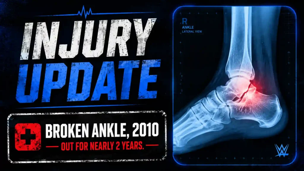Illustrated injury update graphic showing Ryback's broken ankle in 2010 with an X-ray-style ankle icon and a note that he was out of action for nearly two years.