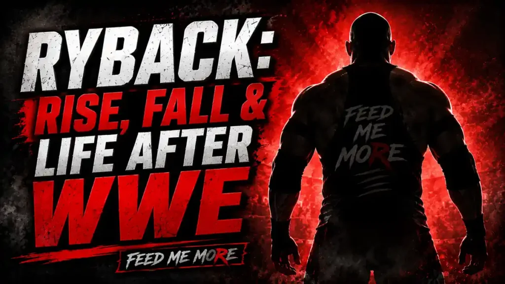 Featured graphic for Ryback's career story, showing a powerful wrestler silhouette with the title "Ryback: Rise, Fall & Life After WWE" and the iconic "Feed Me More" tagline on a dramatic red and black background.