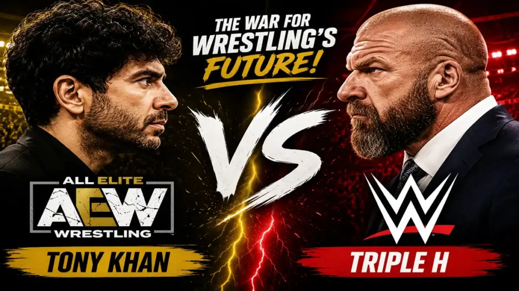 Tony Khan vs Triple H comparison representing the WWE vs AEW rivalry and the battle for the future of professional wrestling in 2026