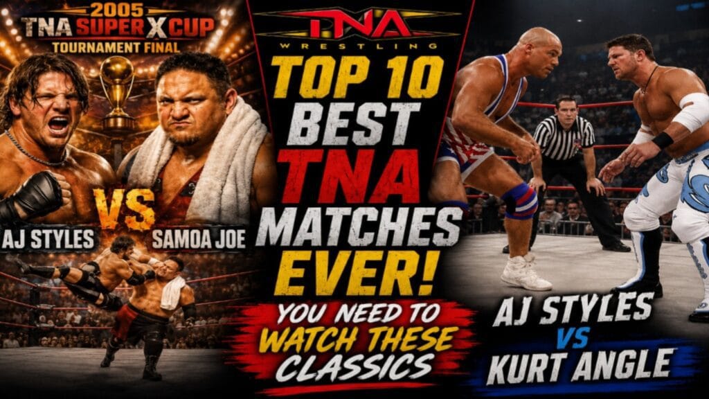 AJ Styles vs Samoa Joe and AJ Styles vs Kurt Angle featured in Top 10 Best TNA Matches Ever thumbnail.