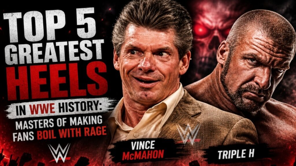 Vince McMahon and Triple H featured in a dramatic WWE thumbnail for Top 5 Greatest Heels in WWE History.