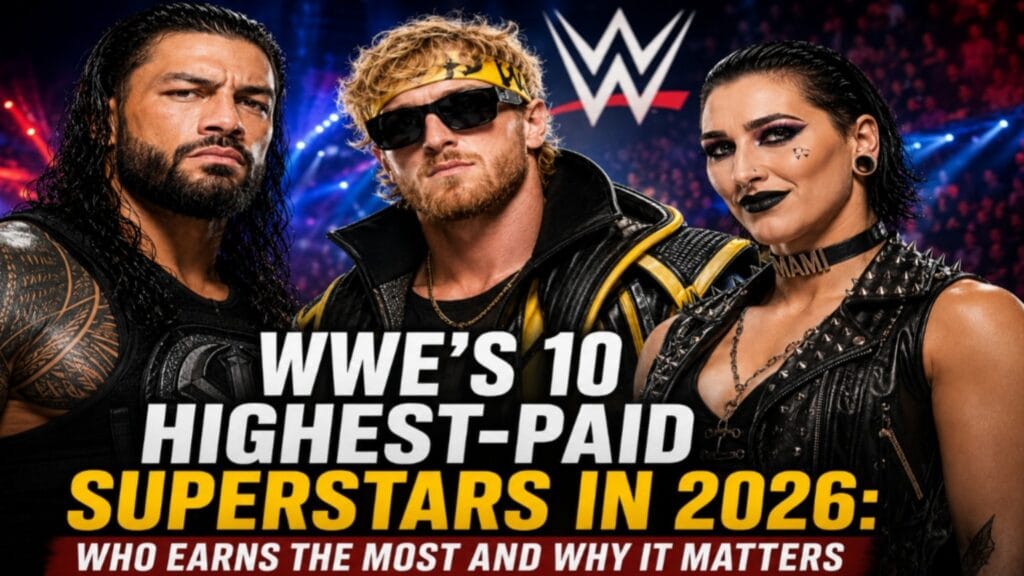 Roman Reigns, Logan Paul, and Rhea Ripley featured in a WWE thumbnail about the highest-paid WWE superstars in 2026.