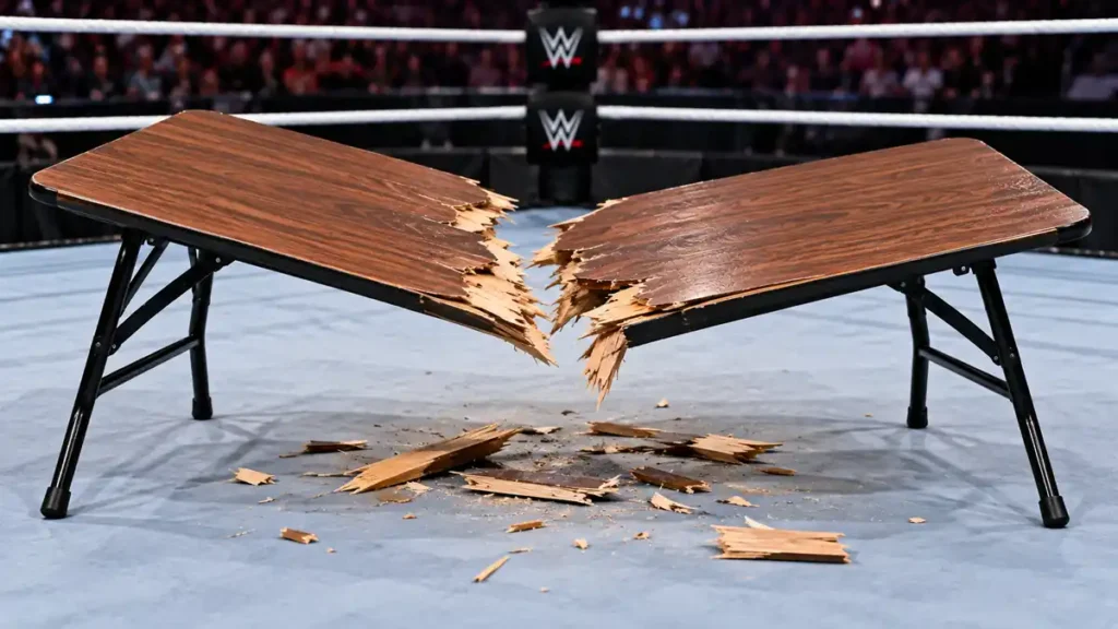 Broken wooden folding table inside a wrestling ring