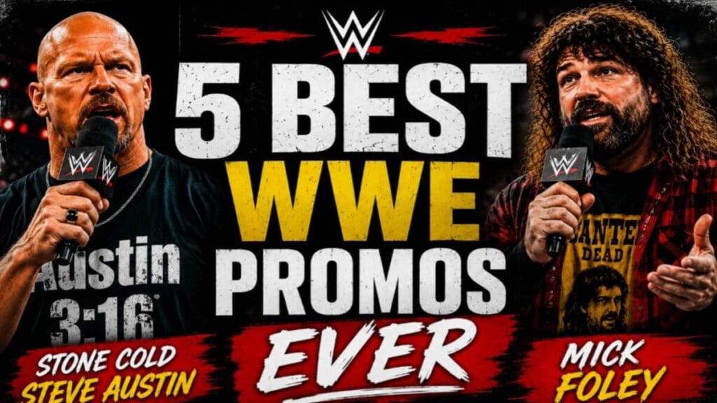 Stone Cold Steve Austin and Mick Foley featured in a WWE thumbnail highlighting the 5 best WWE promos ever.