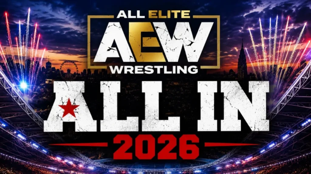 AEW All In 2026 event logo with a packed stadium, fireworks, and arena lights before the pay-per-view.
