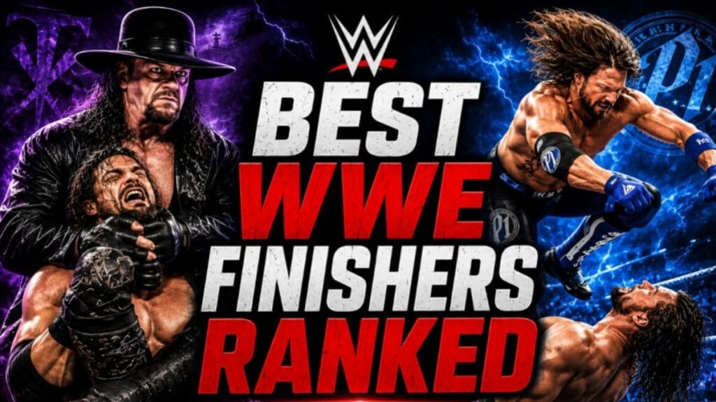 Best WWE finishers ranked featuring The Undertaker's Hell's Gate and AJ Styles' Phenomenal Forearm.