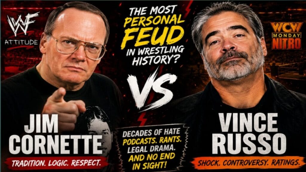 Jim Cornette and Vince Russo face off in a dramatic thumbnail highlighting one of wrestling's most personal and controversial real-life feuds, featuring WWF Attitude Era and WCW Nitro references.