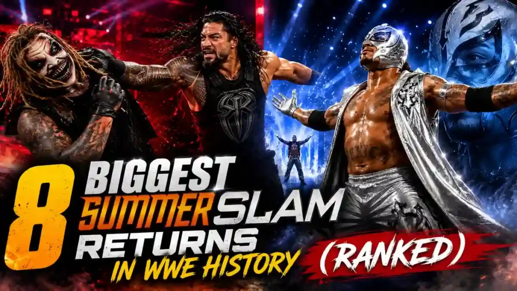 AI illustrated WWE thumbnail featuring Roman Reigns and Rey Mysterio highlighting the eight biggest SummerSlam returns in WWE history.