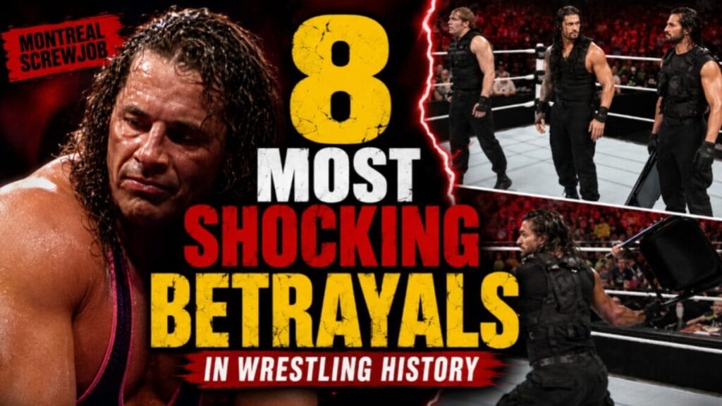 Bret Hart after the Montreal Screwjob and Seth Rollins betraying The Shield for an article on the 8 most shocking betrayals in wrestling history.