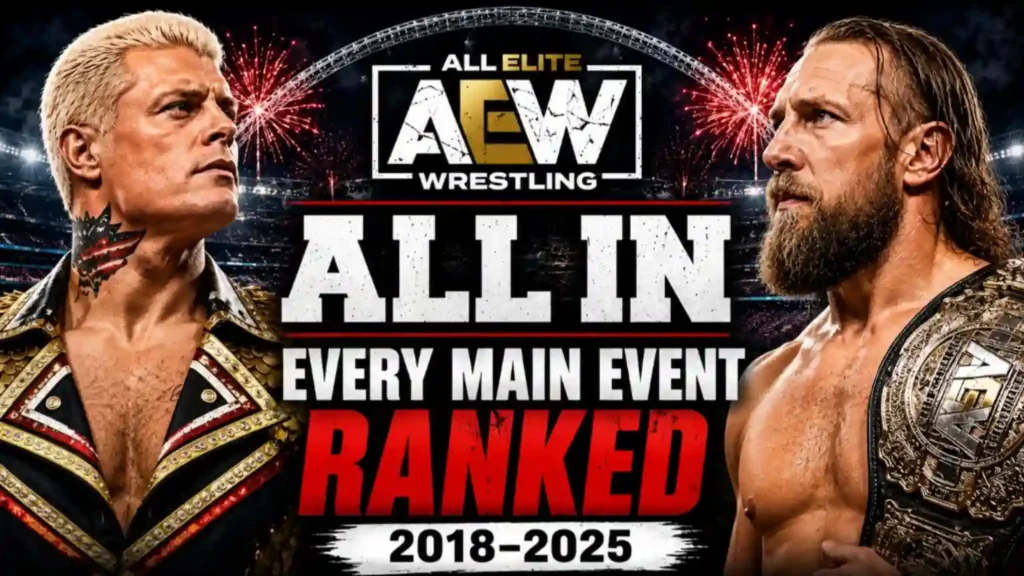 "AEW All In Every Main Event Ranked (2018–2025) thumbnail featuring Cody Rhodes and Bryan Danielson with the AEW World Championship and All In event logo."