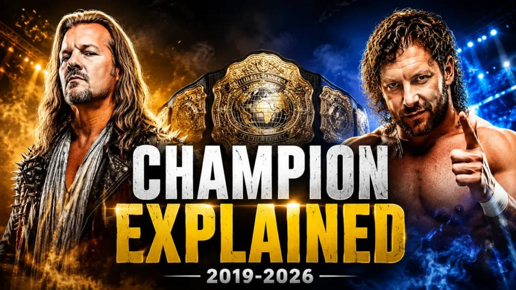 AEW World Championship history thumbnail featuring Chris Jericho and Kenny Omega with the AEW World Championship belt representing every AEW World Champion from 2019 to 2026.