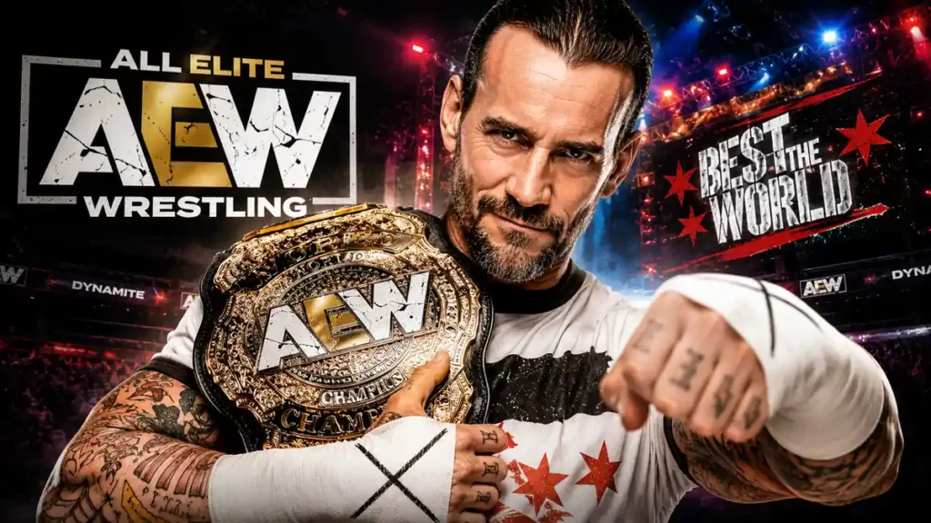 CM Punk holding the AEW World Championship during his championship reign.
