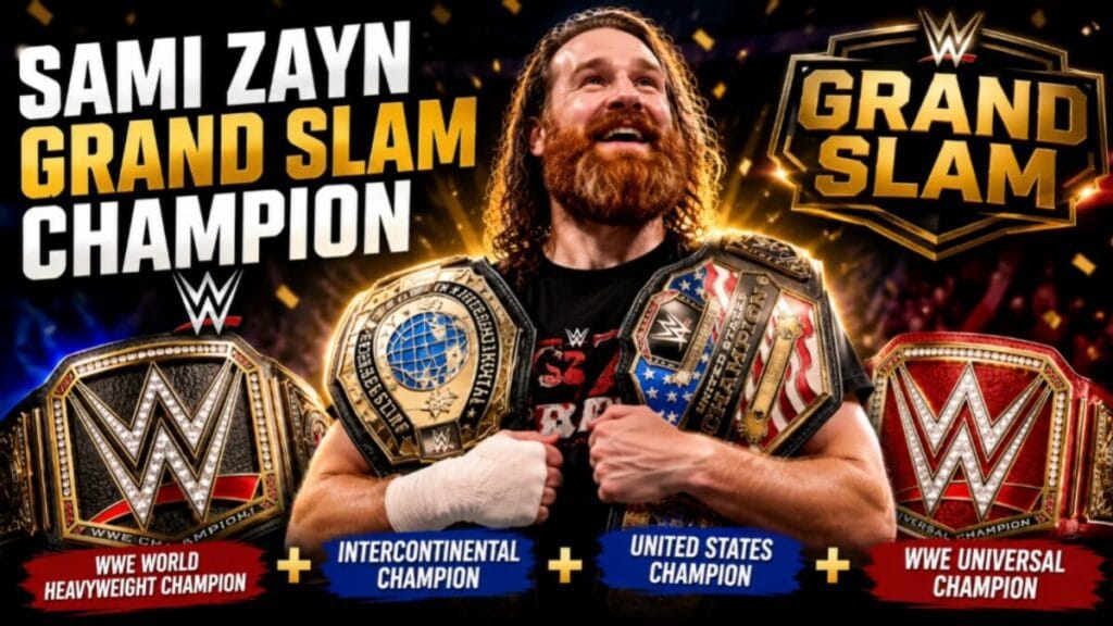 Sami Zayn stands with multiple WWE championship belts in a dramatic Grand Slam-themed thumbnail, highlighting his pursuit of becoming a WWE Grand Slam Champion.